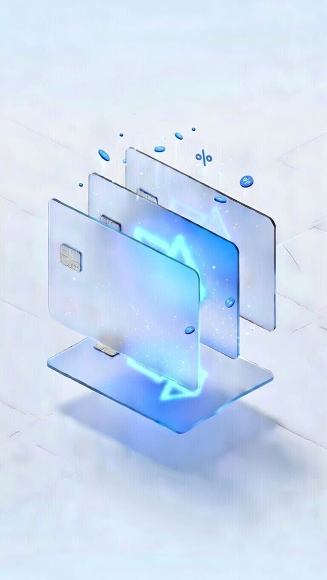 Fanned glass payment cards with percentage symbols and floating reward coins