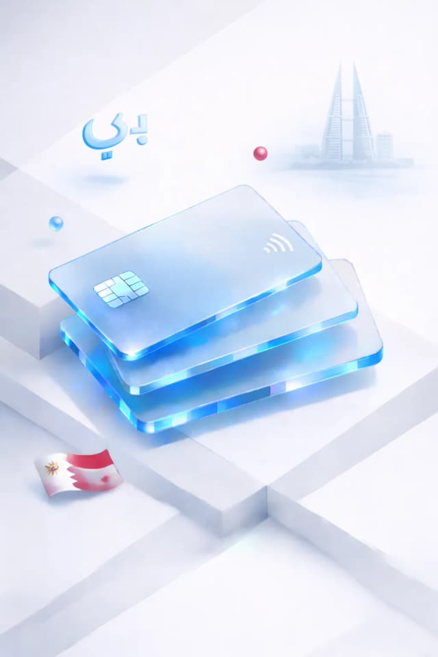 Stacked glass payment cards with a dinar symbol, tower silhouette, and Bahraini flag