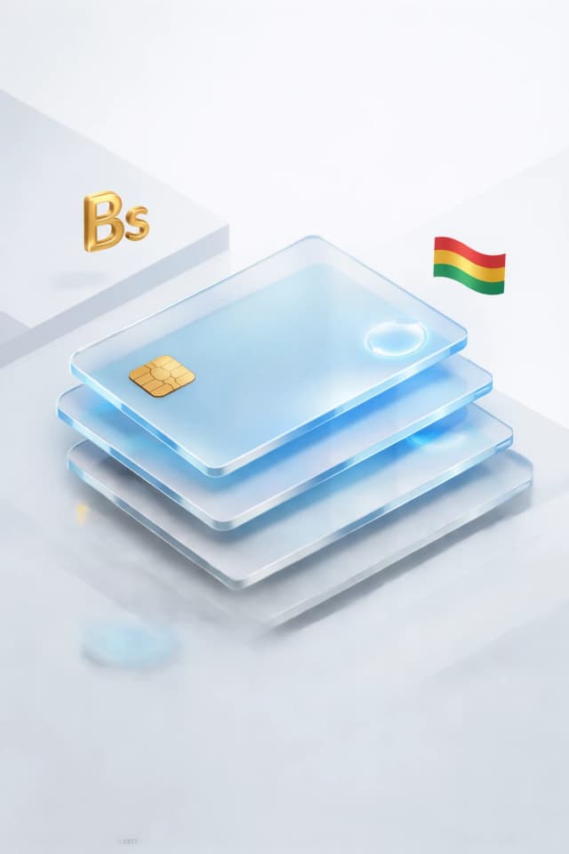 Stacked glass payment cards with a boliviano symbol and Bolivian flag