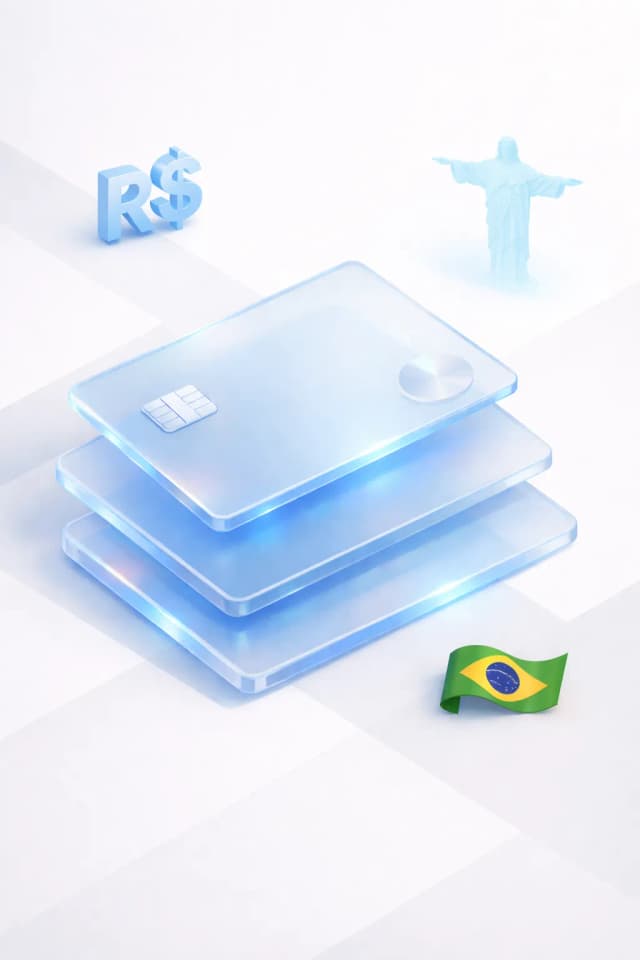 Stacked glass payment cards with an R$ symbol, Christ the Redeemer silhouette, and Brazilian flag