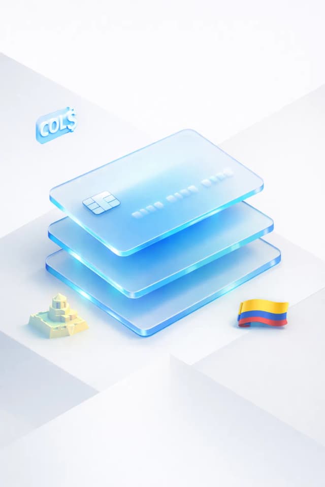 Stacked glass payment cards with a COP$ symbol, stone ruins silhouette, and Colombian flag