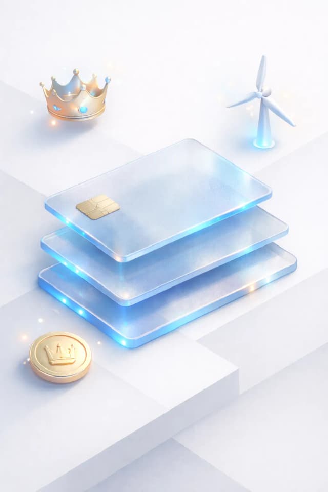 Stacked glass payment cards with a gold crown, wind turbine, and crown-stamped coin