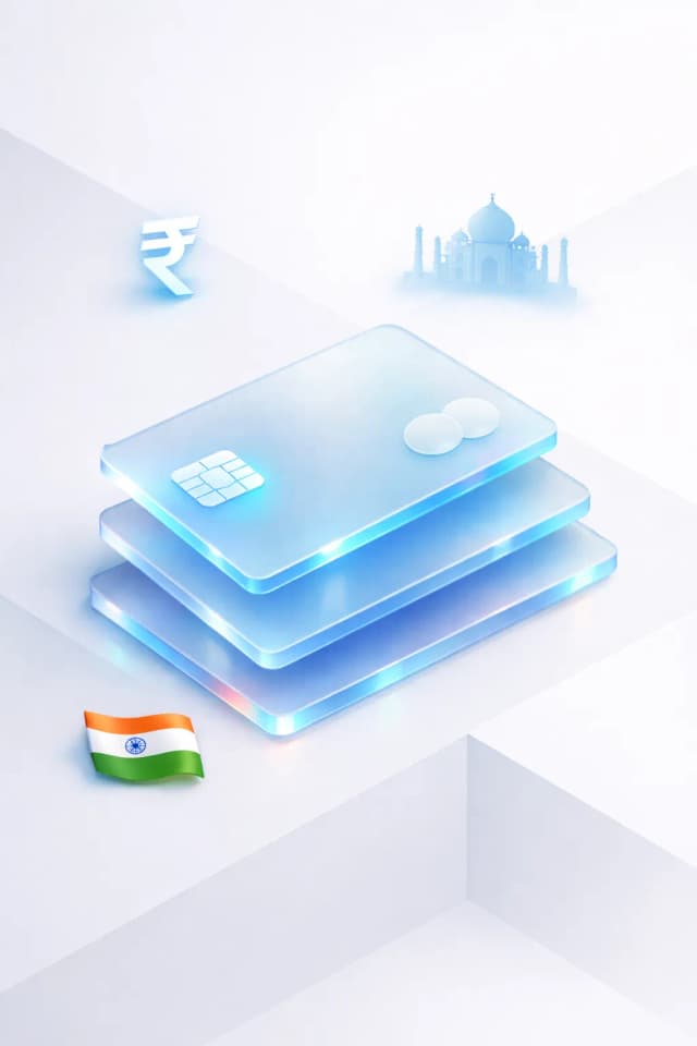 Stacked glass payment cards with a rupee symbol, Taj Mahal silhouette, and Indian flag