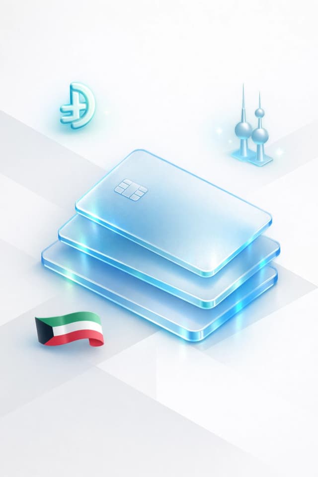 Stacked glass payment cards with a dinar symbol, water towers silhouette, and Kuwaiti flag