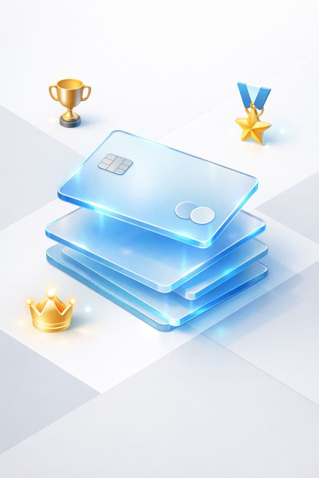 Fanned glass payment cards with a gold trophy, star medal, and glowing crown representing the best crypto cards