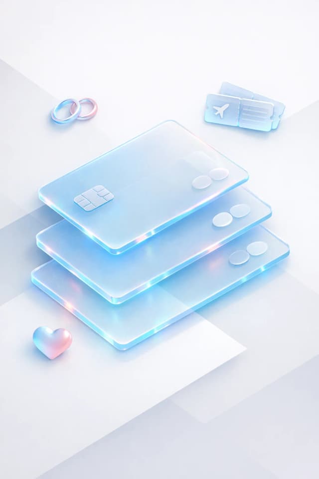 Stacked payment cards with rings, a boarding pass, and a heart, resembling shared spending and travel perks for couples