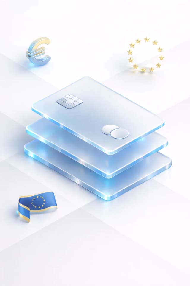Stacked payment cards with a euro symbol, EU stars, and a shield, resembling EUR spending and European regulatory protection