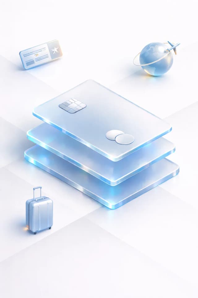 Stacked payment cards with a boarding pass, globe flight path, and travel suitcase, resembling lounge access and frequent international travel