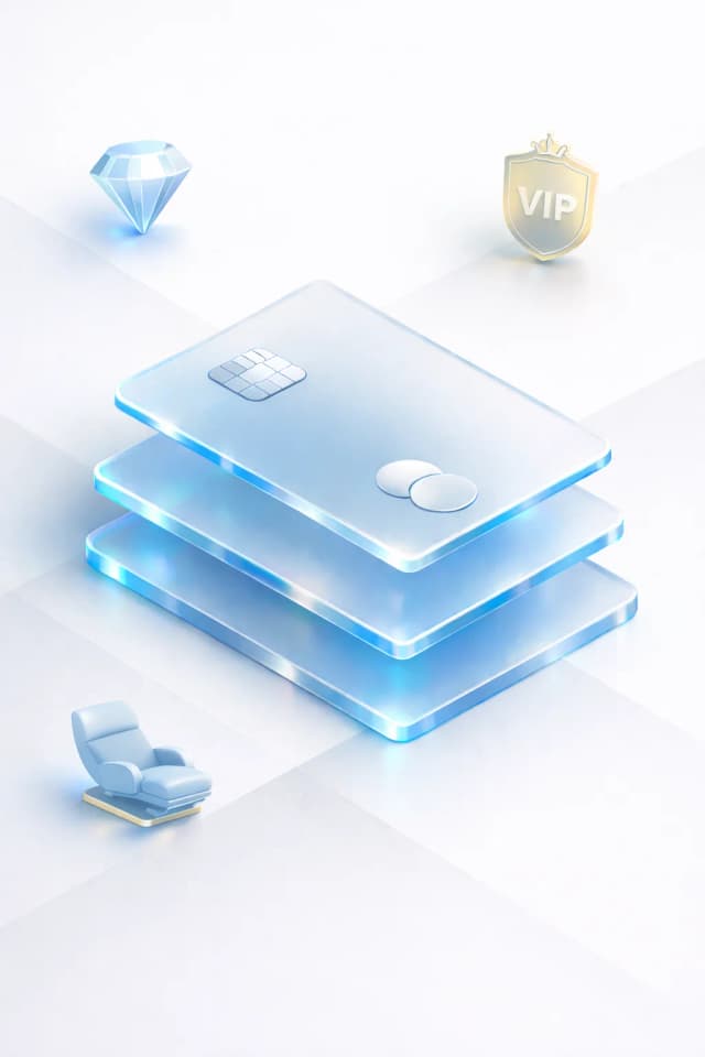 Stacked glass payment cards with a diamond gem, VIP badge, and luxury lounge chair