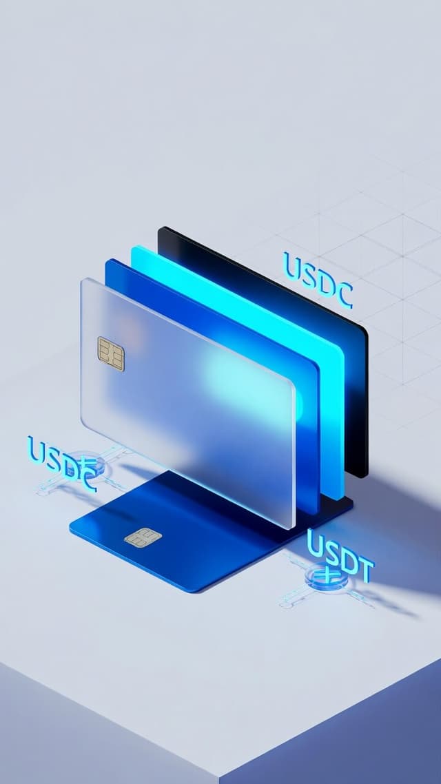 Stacked cryptocurrency payment cards with floating USDC, USDe, and USDT stablecoin labels