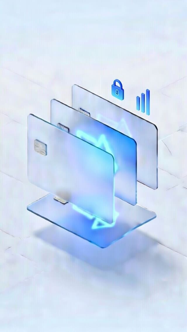 Fanned glass payment cards with a padlock icon and ascending bar chart representing crypto card staking rewards