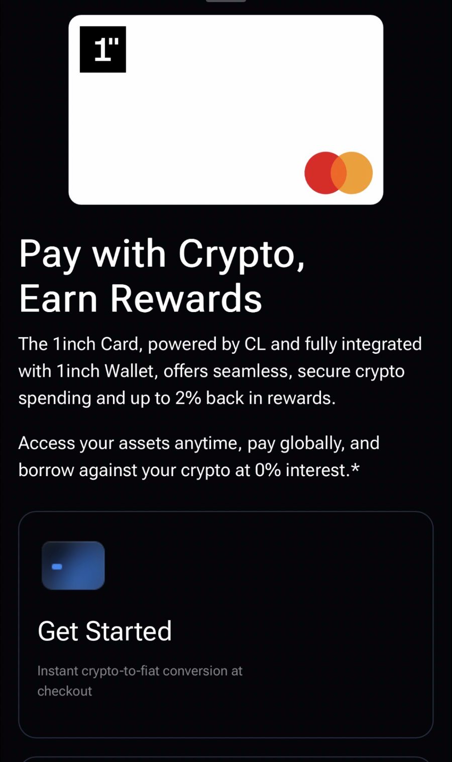 1inch Card overview showing Mastercard integration and crypto spending features