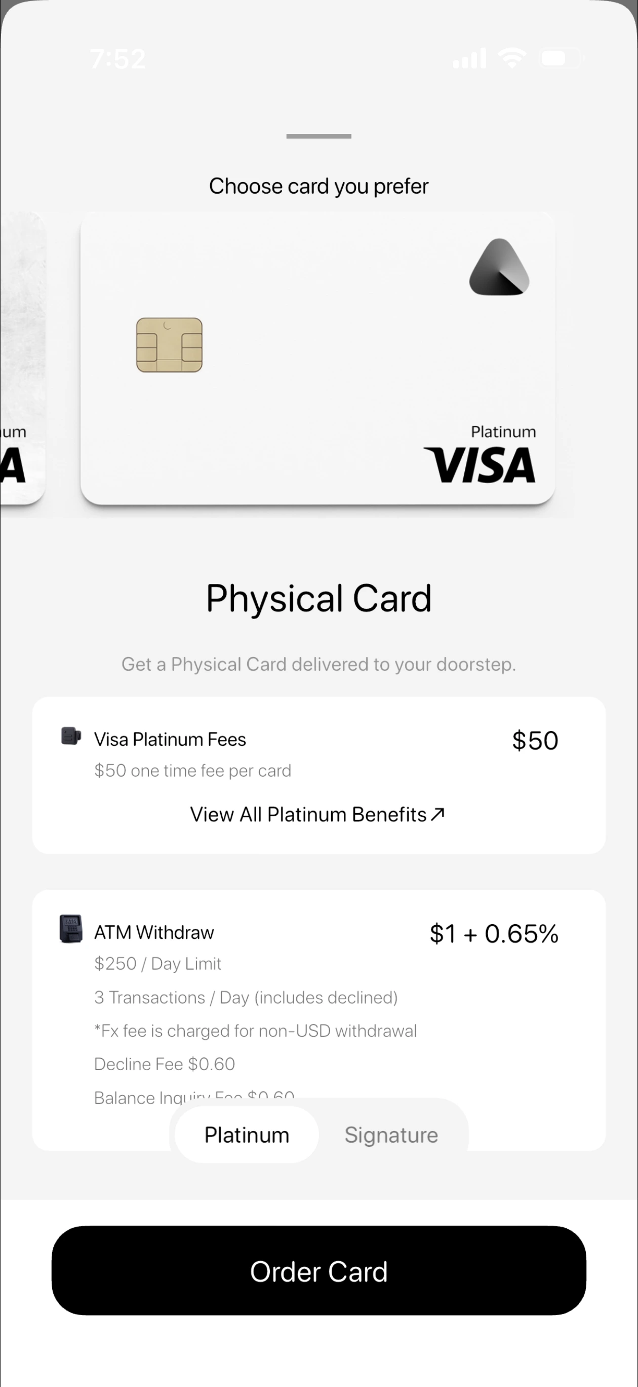 Avici app showing Physical Platinum Card fees: $50 one-time fee, ATM $1 + 0.65%, Decline Fee $0.60, Balance Inquiry $0.60