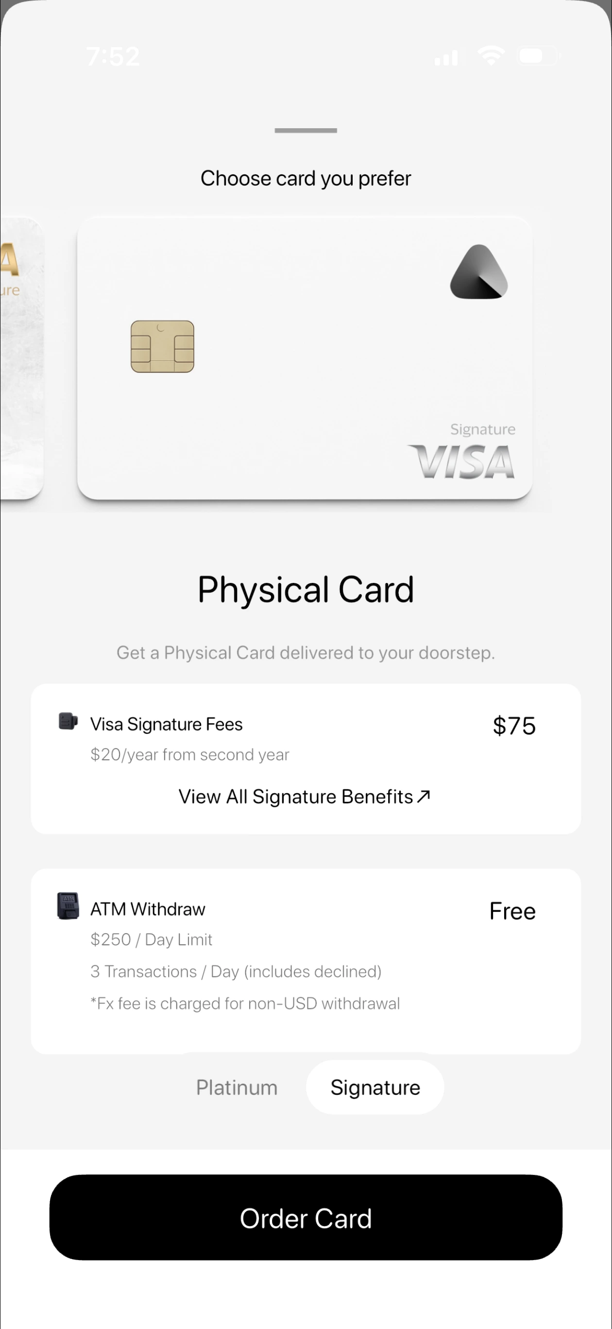 Avici app showing Physical Signature Card fees: $75 first year, $20/year from second year, ATM Free
