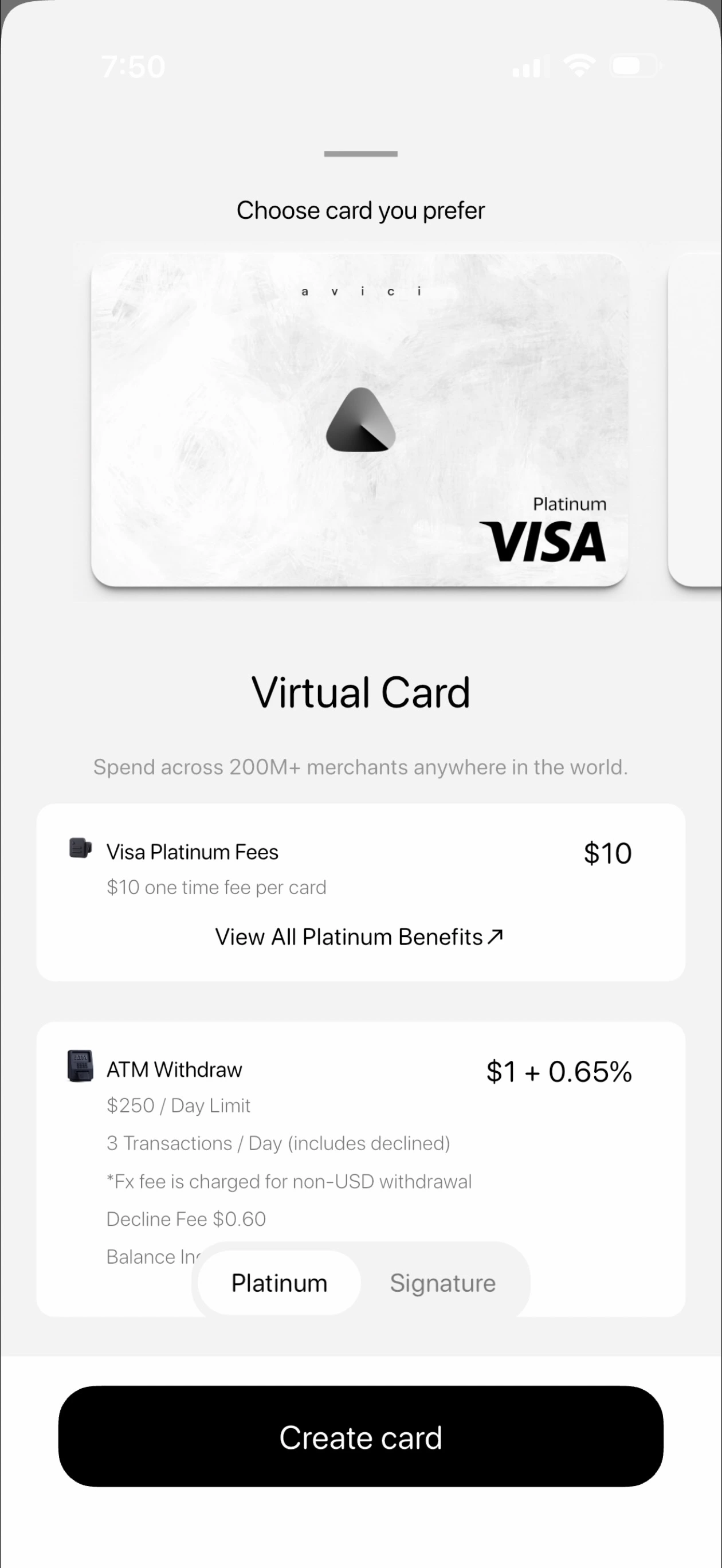 Avici app showing Virtual Platinum Card fees: $10 one-time fee, ATM $1 + 0.65%, $250/day limit, 3 transactions/day, Decline Fee $0.60