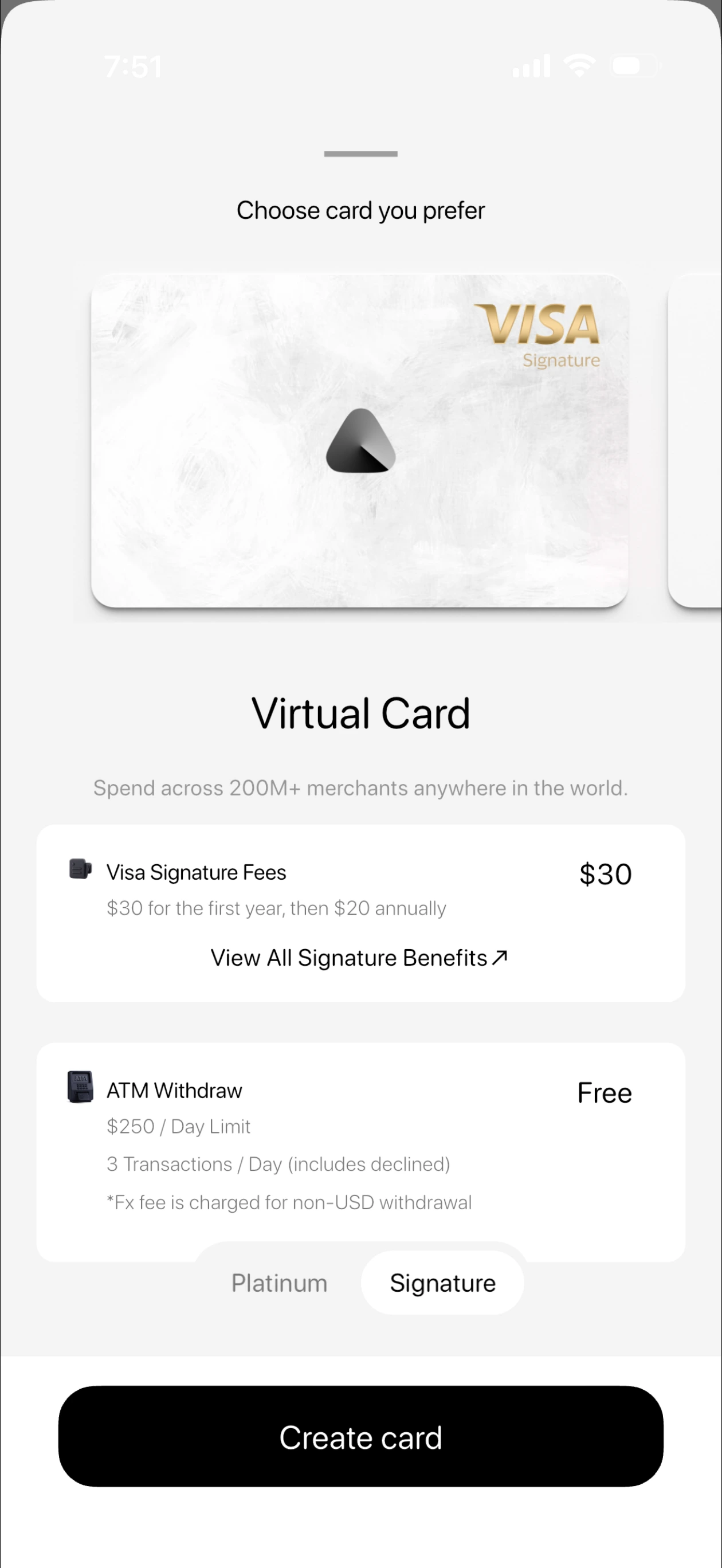 Avici app showing Virtual Signature Card fees: $30 first year then $20 annually, ATM Free, $250/day limit, 3 transactions/day