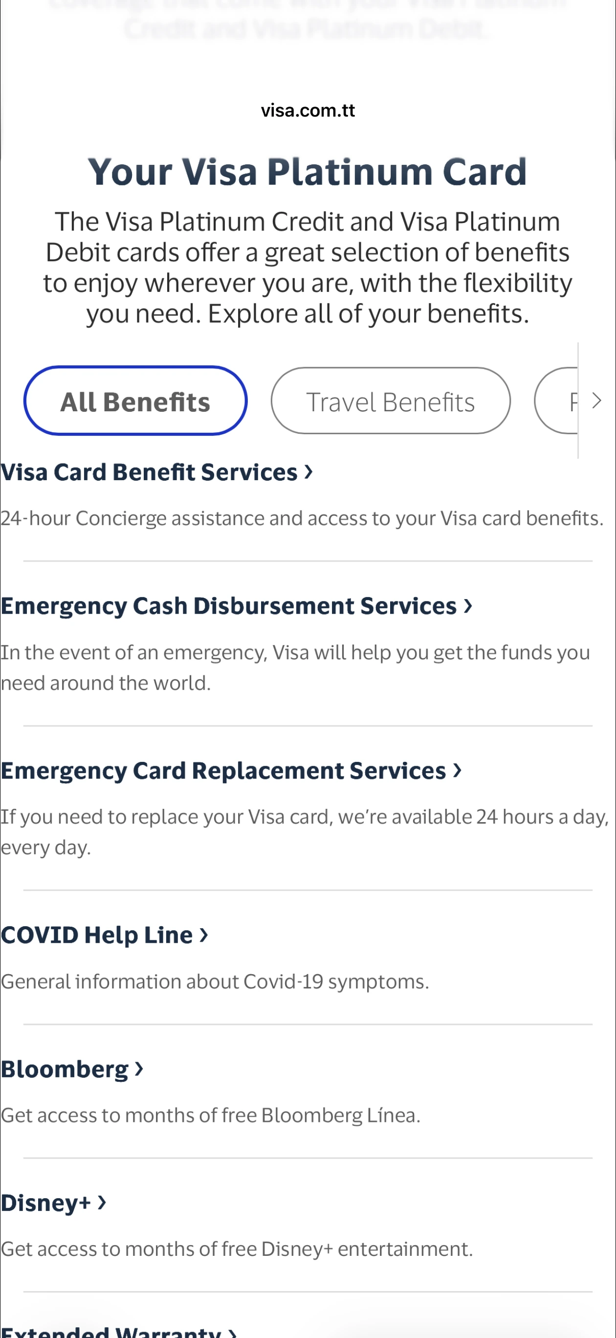 Avici app showing Visa Platinum benefit screen inside the Avici app