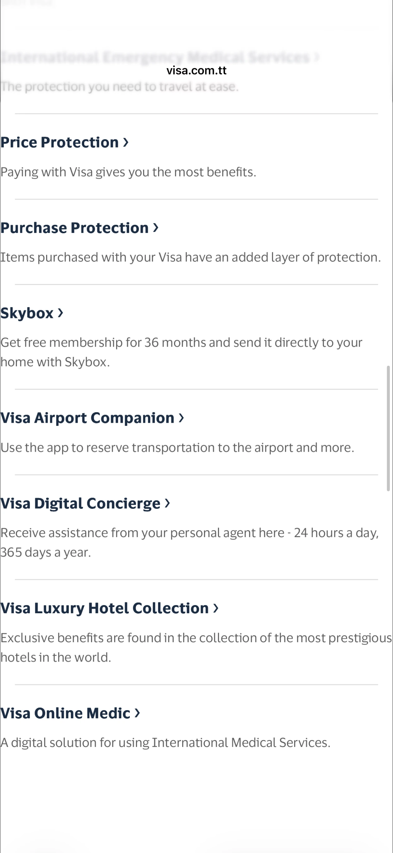 Avici app showing an additional Visa Platinum benefit screen inside the Avici app