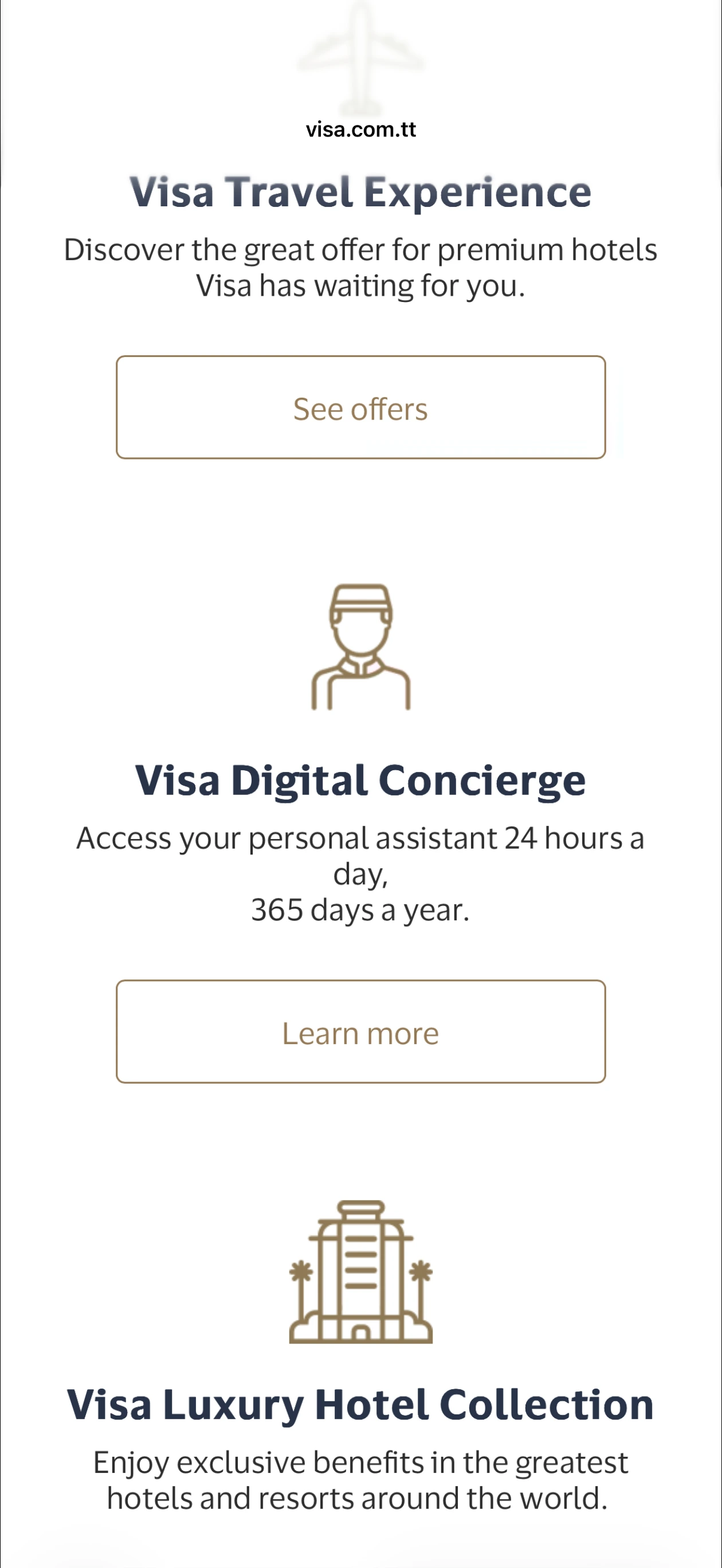 Avici app showing Visa Signature benefits: Travel Experience, Digital Concierge, Luxury Hotel Collection