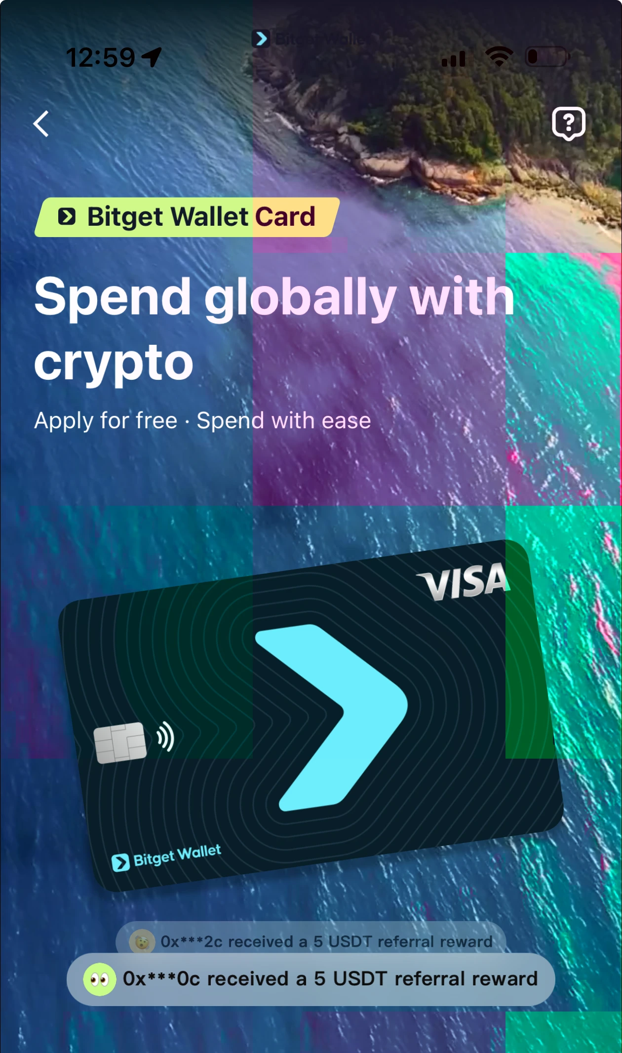Bitget Wallet Card in-app showing Visa card and global spending