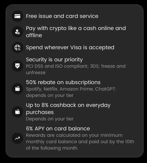 COCA card benefits: free issue, pay with crypto online and offline, Visa acceptance, PCI DSS and ISO compliant with 3DS, 50% subscription rebate, up to 8% cashback, 6% APY on card balance