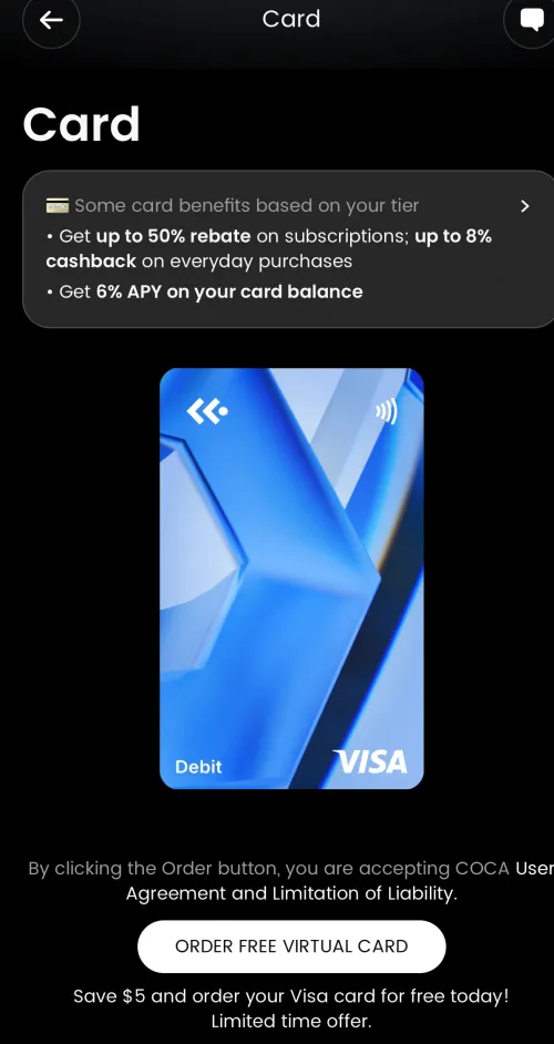 COCA app card order screen showing Visa Debit card with up to 50% subscription rebate, 8% cashback, and 6% APY