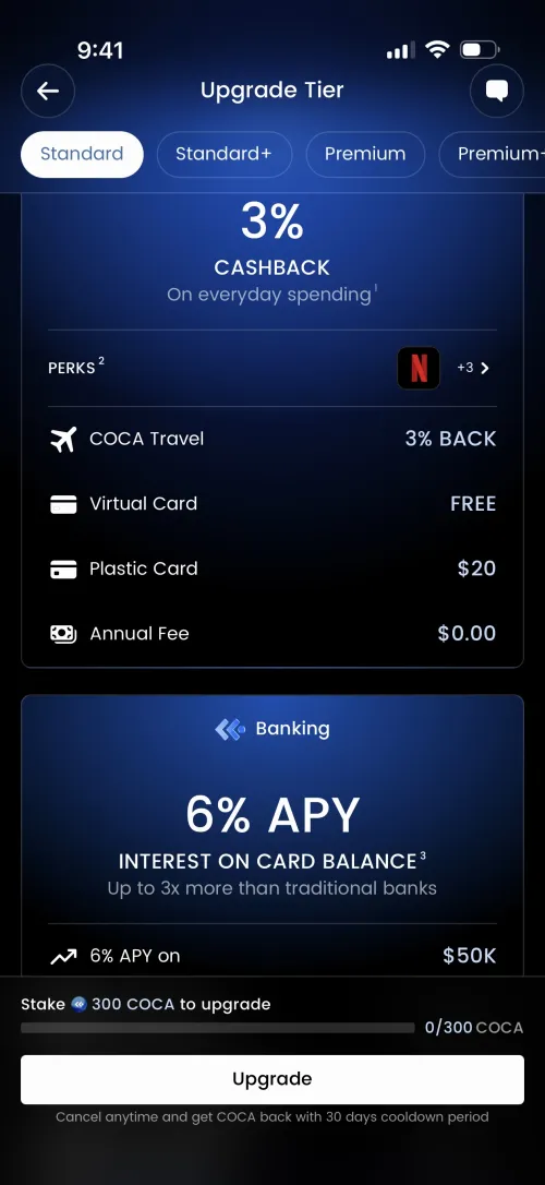 COCA Standard tier upgrade screen: 3% cashback, Netflix perk, 3% COCA Travel back, virtual card free, plastic card $20, $0 annual fee, 6% APY on $50K, hold 300 COCA to upgrade