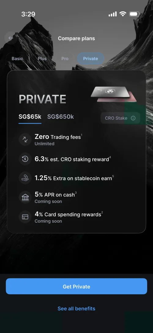 Crypto.com Private plan at SG$65k CRO stake
