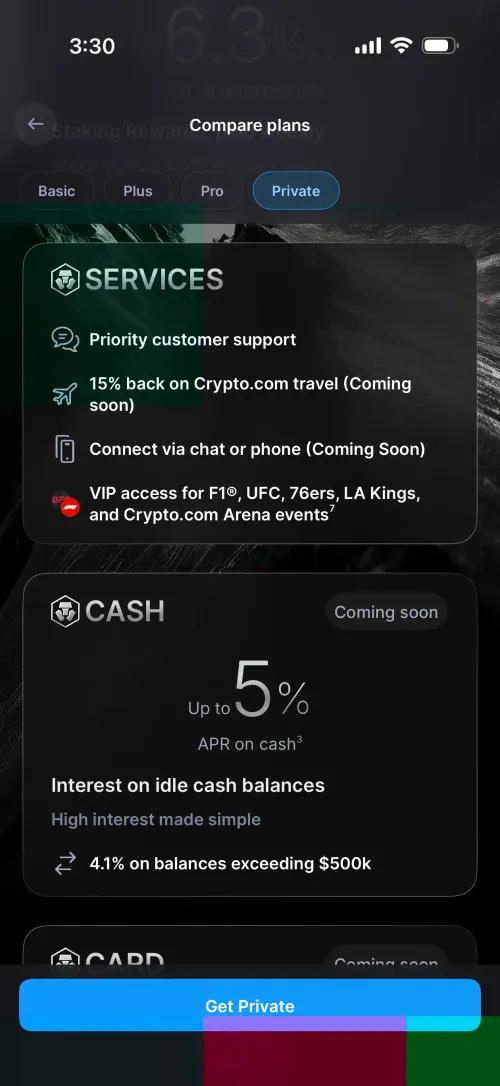 Crypto.com Private tier services: priority support, 15% travel back, VIP access to F1, UFC, 76ers events