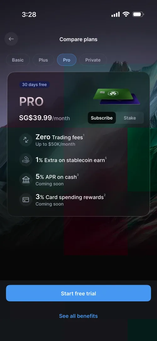 Crypto.com Pro plan showing 3% rewards, 5% APR, and the paid-tier overview