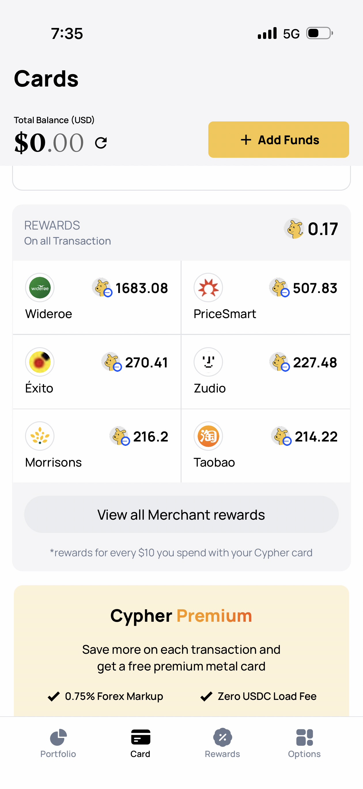 Cypher rewards screen showing base reward of 0.17 CYPR on all transactions and boosted merchant rewards