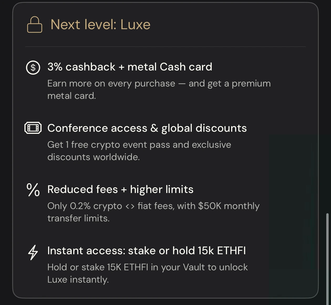 ether.fi Luxe tier benefits showing 3% cashback, conference access, reduced fees, and 15K ETHFI stake requirement