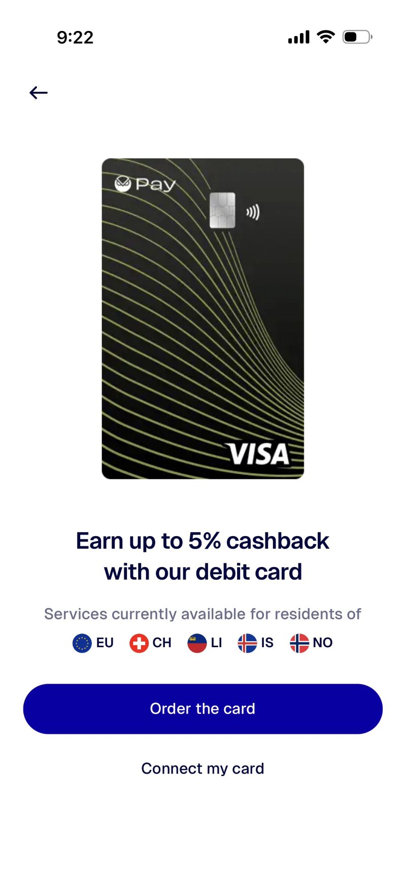 Gnosis Pay app showing card order screen with 5% cashback and available regions: EU, Switzerland, Iceland, and Norway
