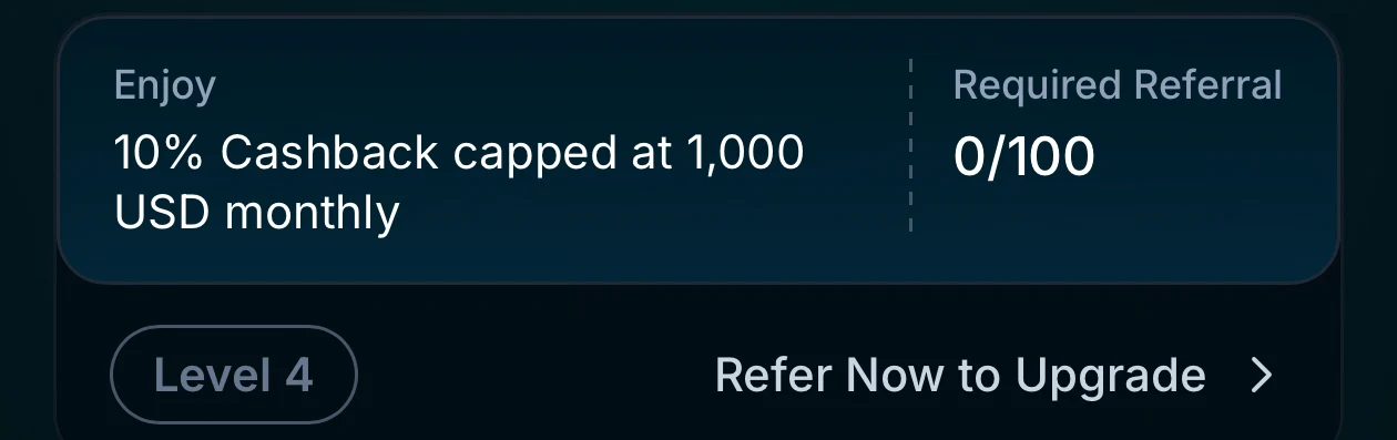 Jupiter Global Earn Level 3 screen showing 8 percent cashback, 50 qualifying referrals, and a 500 dollar monthly cap