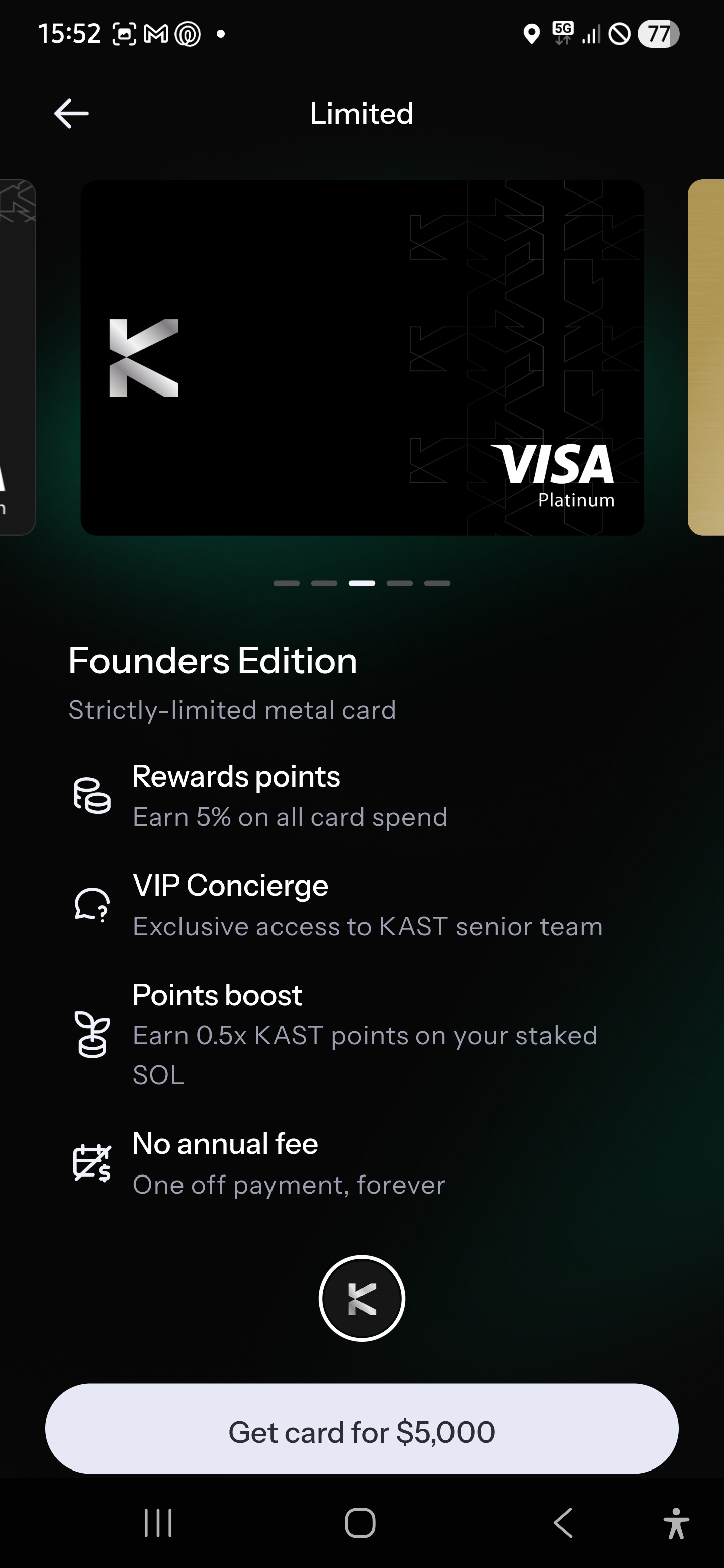 KAST Founders Edition - Strictly limited metal card, 5% rewards, VIP concierge, no annual fee, $5,000 one-time