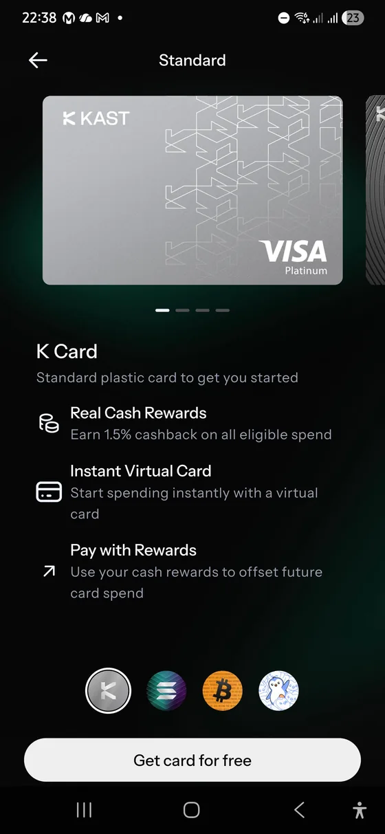 KAST K Card Standard tier screen showing 1.5 percent cashback on eligible spend and instant virtual card access