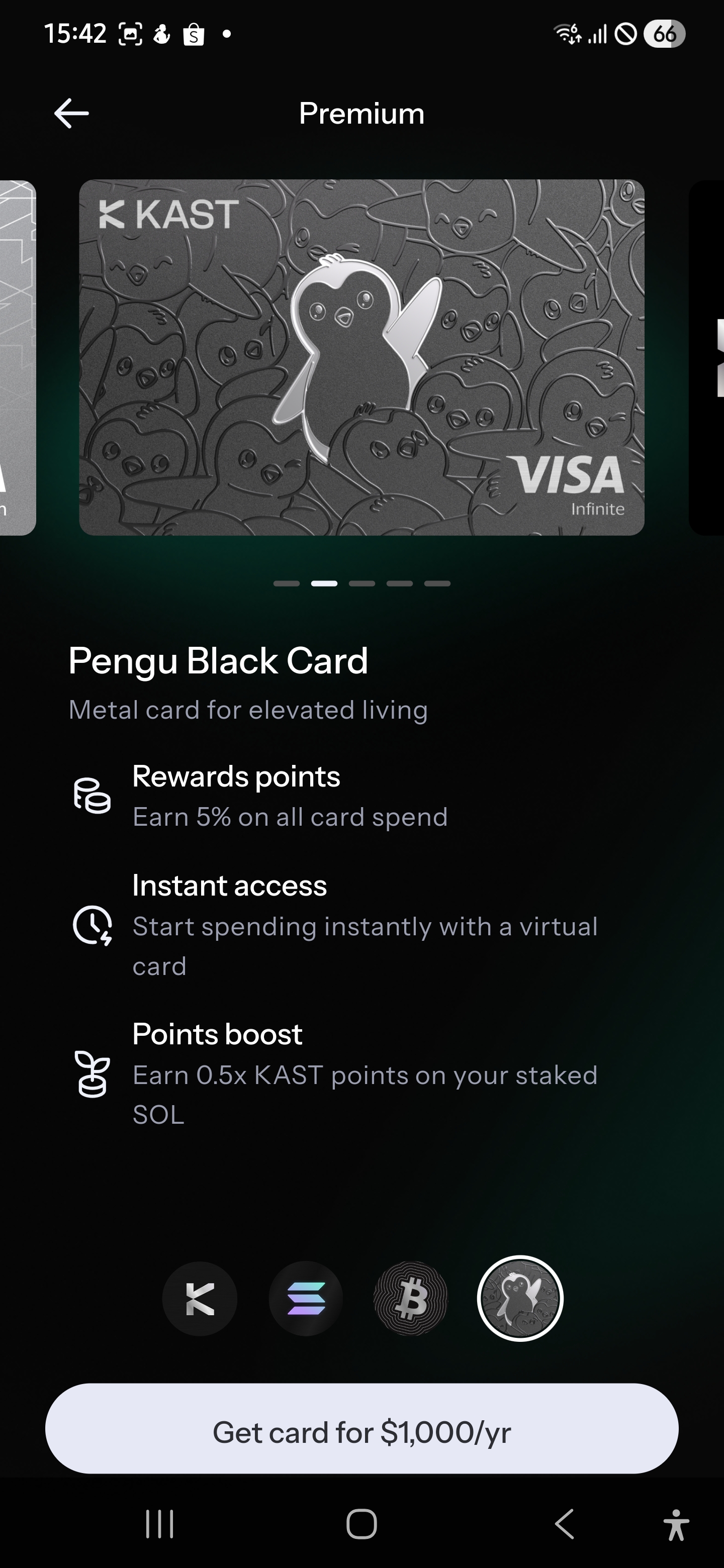 KAST Pengu Black Card - Premium tier, 5% rewards points, $1,000/yr