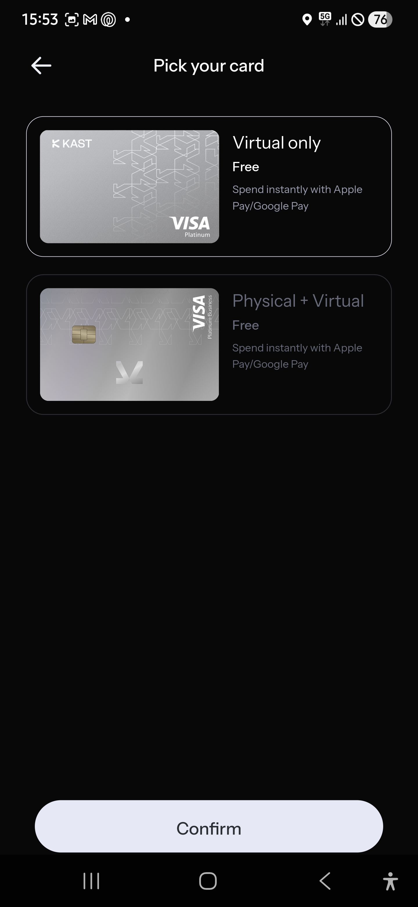 KAST card selection - Virtual only (free) or Physical + Virtual (free)
