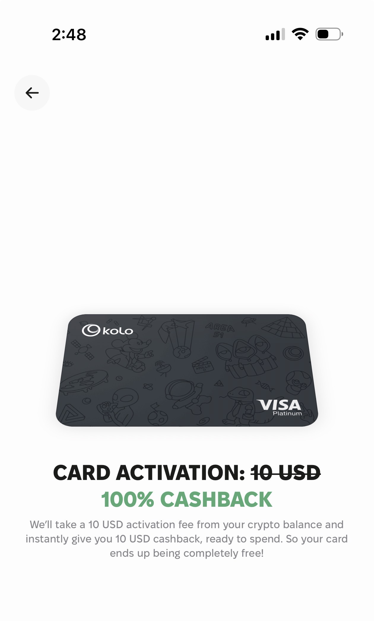 Kolo card activation screen showing 10 USD activation fee with strikethrough and 100% cashback: the fee is instantly returned as spendable card balance, making the card effectively free to activate
