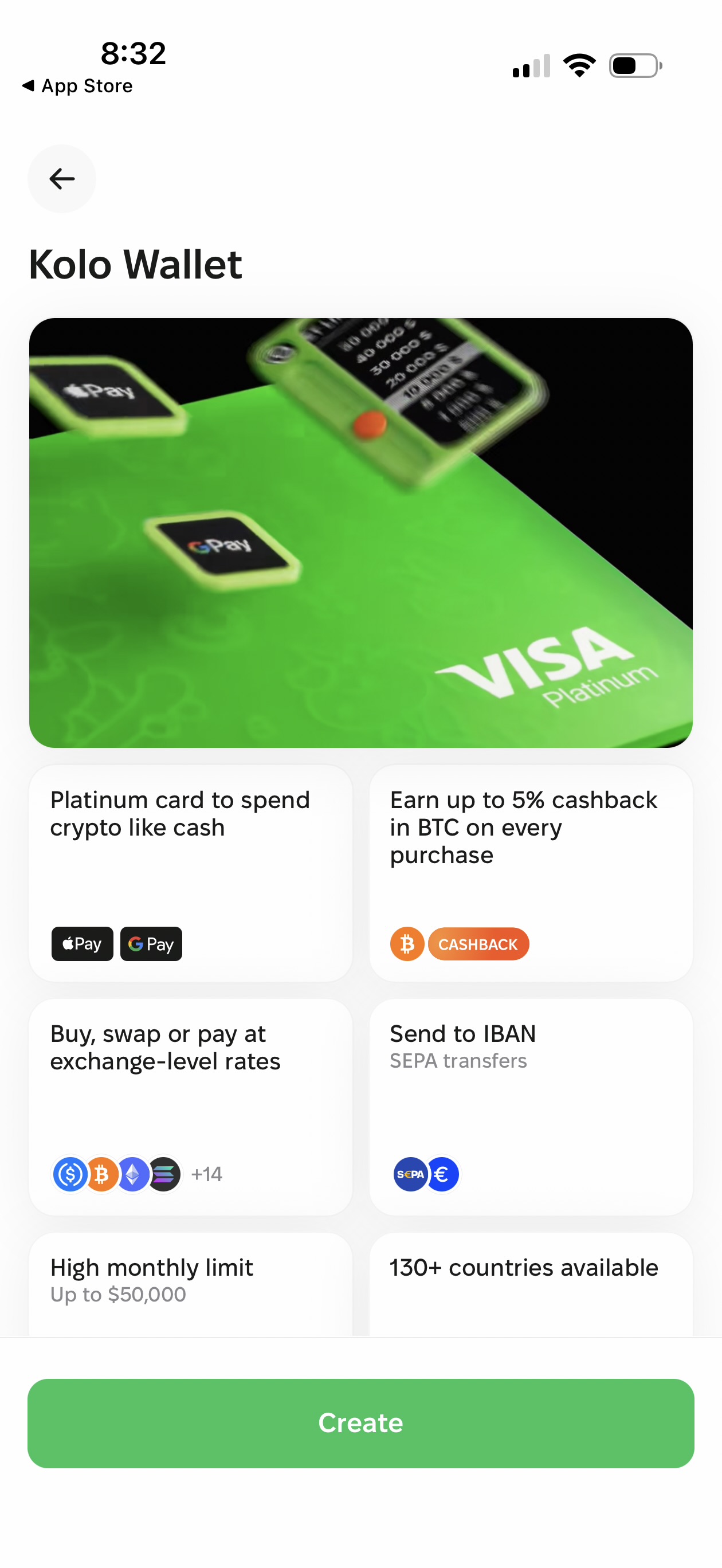 Kolo Wallet card creation screen showing Visa Platinum card with Apple Pay and Google Pay badges, 5% BTC cashback, exchange-level rates, SEPA transfers, $50,000 monthly limit, and 130+ countries