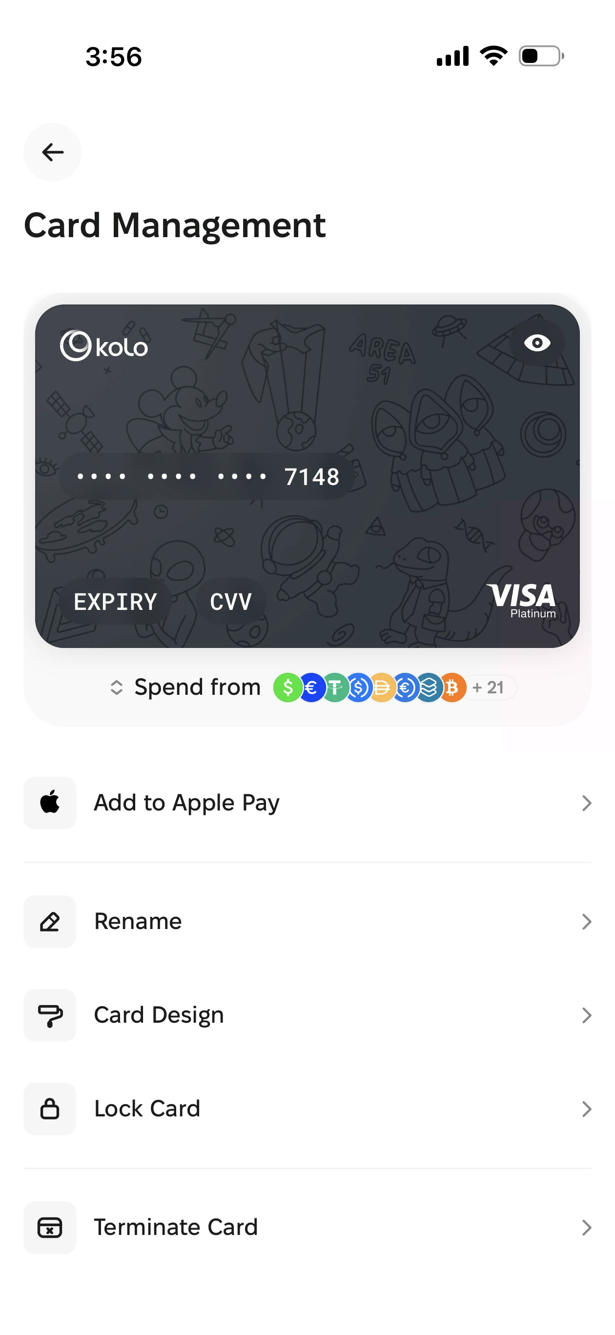 Kolo card management screen showing virtual Visa Platinum card ending in 7148 with Spend From selector showing 29+ supported tokens including USDC, EURC, BTC, ETH, SOL, and more
