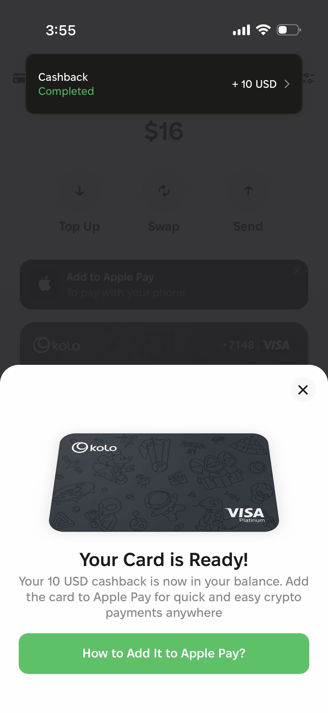 Kolo app showing Your Card is Ready screen with Cashback Completed notification showing +10 USD, confirming the activation fee refund as card balance