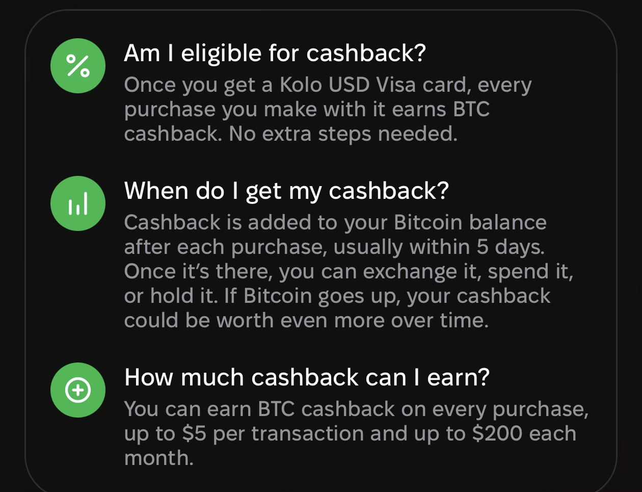 Older Kolo in-app cashback screen showing a richer legacy cashback explanation