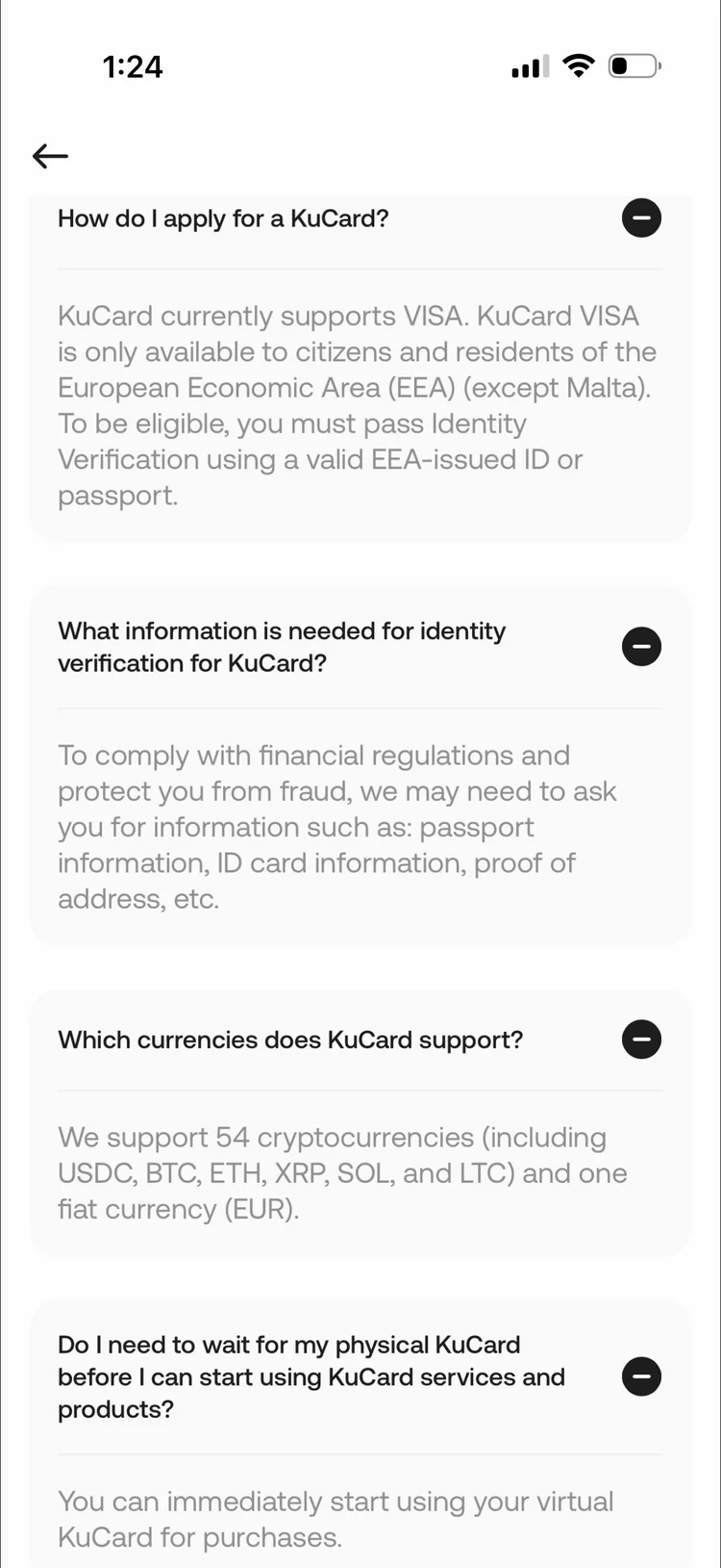 KuCard FAQ showing EEA availability, 54 cryptocurrencies, and instant virtual card