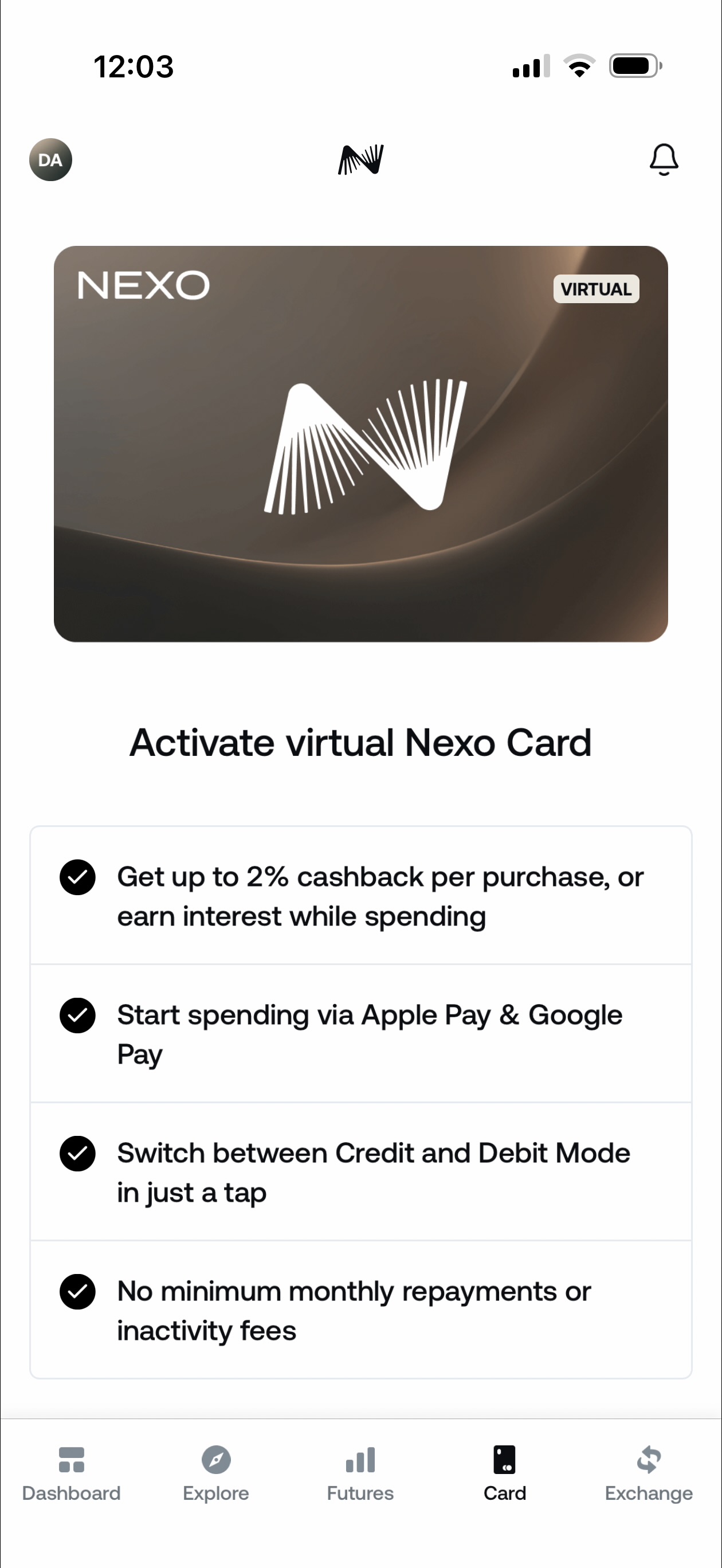 Nexo app card activation screen