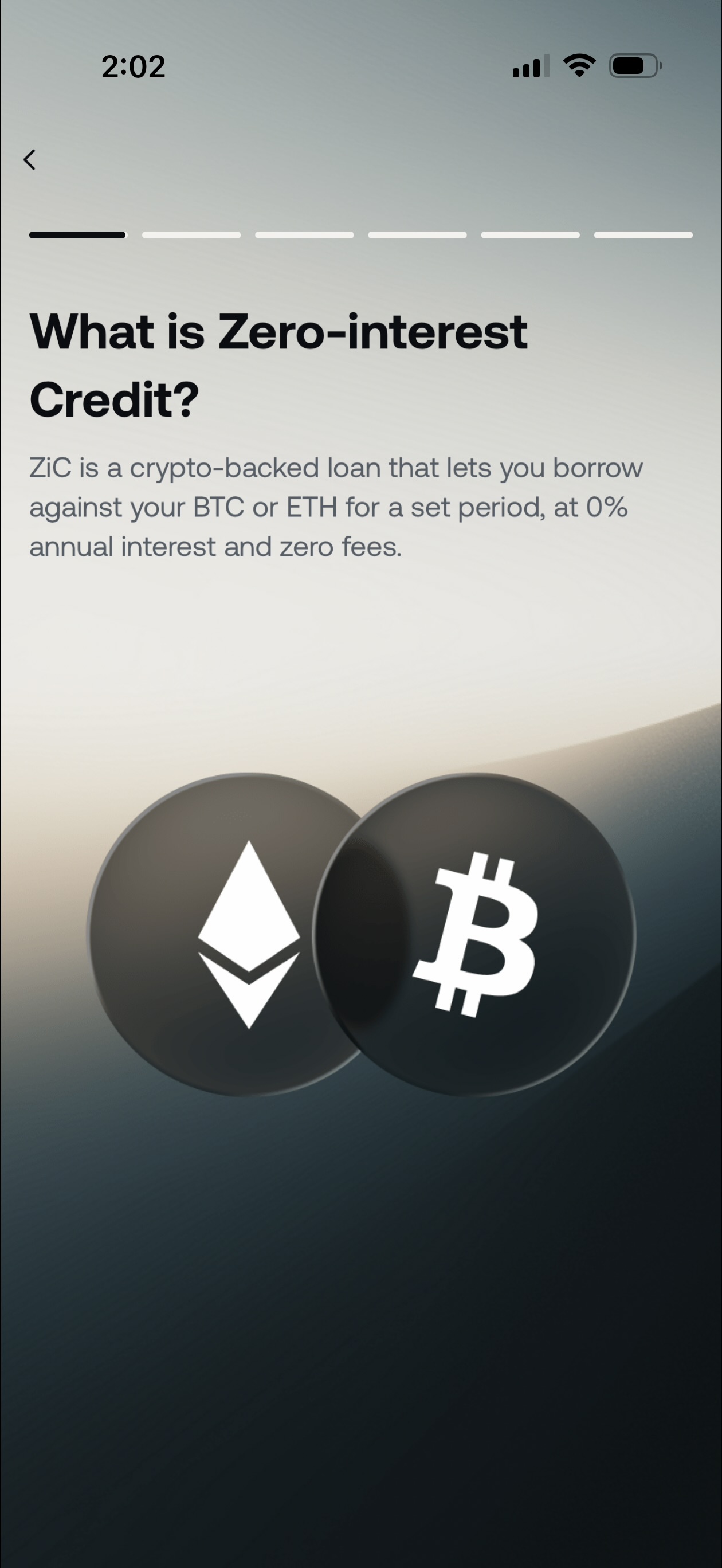 Nexo app Zero-Interest Credit explainer screen
