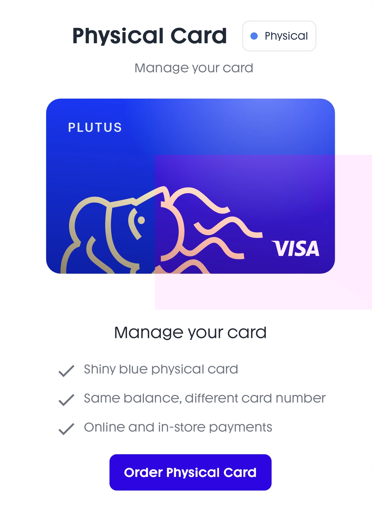 Plutus physical card order screen showing Visa debit card with Plutus elephant logo
