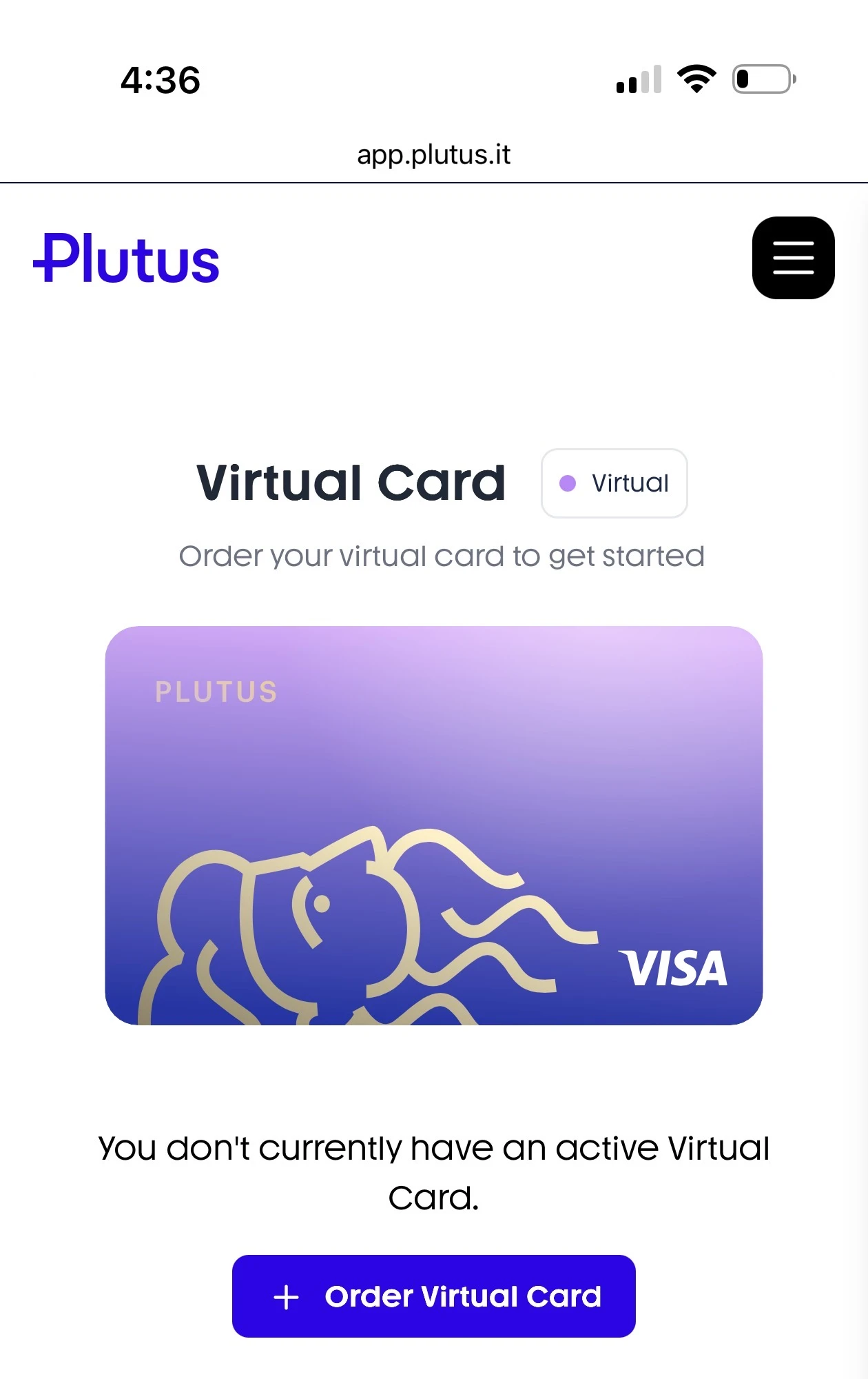 Plutus app virtual card order screen showing purple gradient Visa debit card with Plutus elephant logo