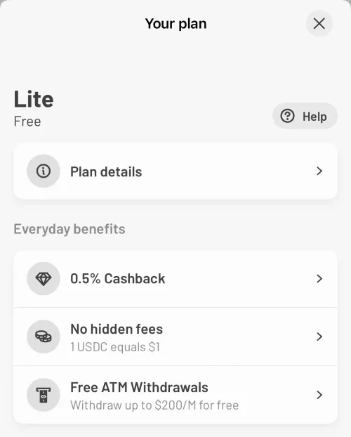 Ready Lite plan overview showing 0.5% cashback, no hidden fees, and free ATM withdrawals