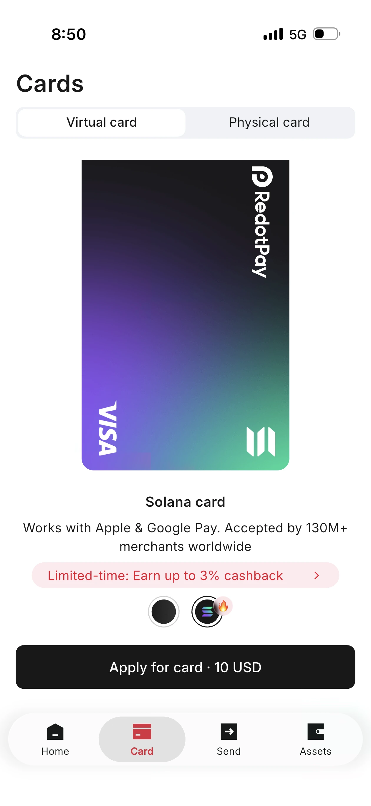 RedotPay Solana card showing purple gradient Visa design